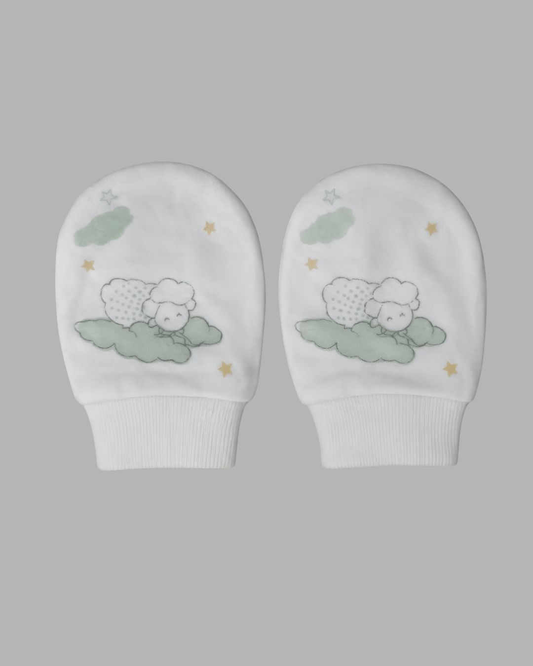 Dreamy Sheep Pattern White Sage Mittens & Booties Set.