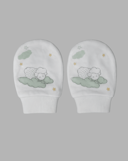 Dreamy Sheep Pattern White Sage Mittens & Booties Set.