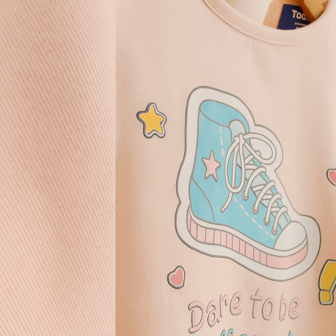 Girls Cotton T-Shirt Peach Shoe Print Soft & Breathable 100% Cotton