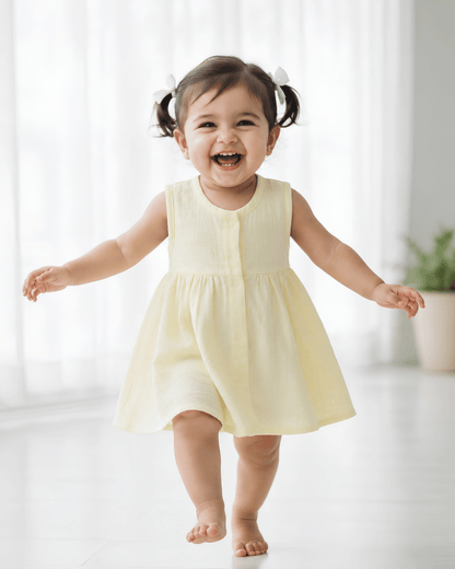 Premium Light Yellow Muslin Sleeveless Frock – 100% Organic Cotton Baby Dress