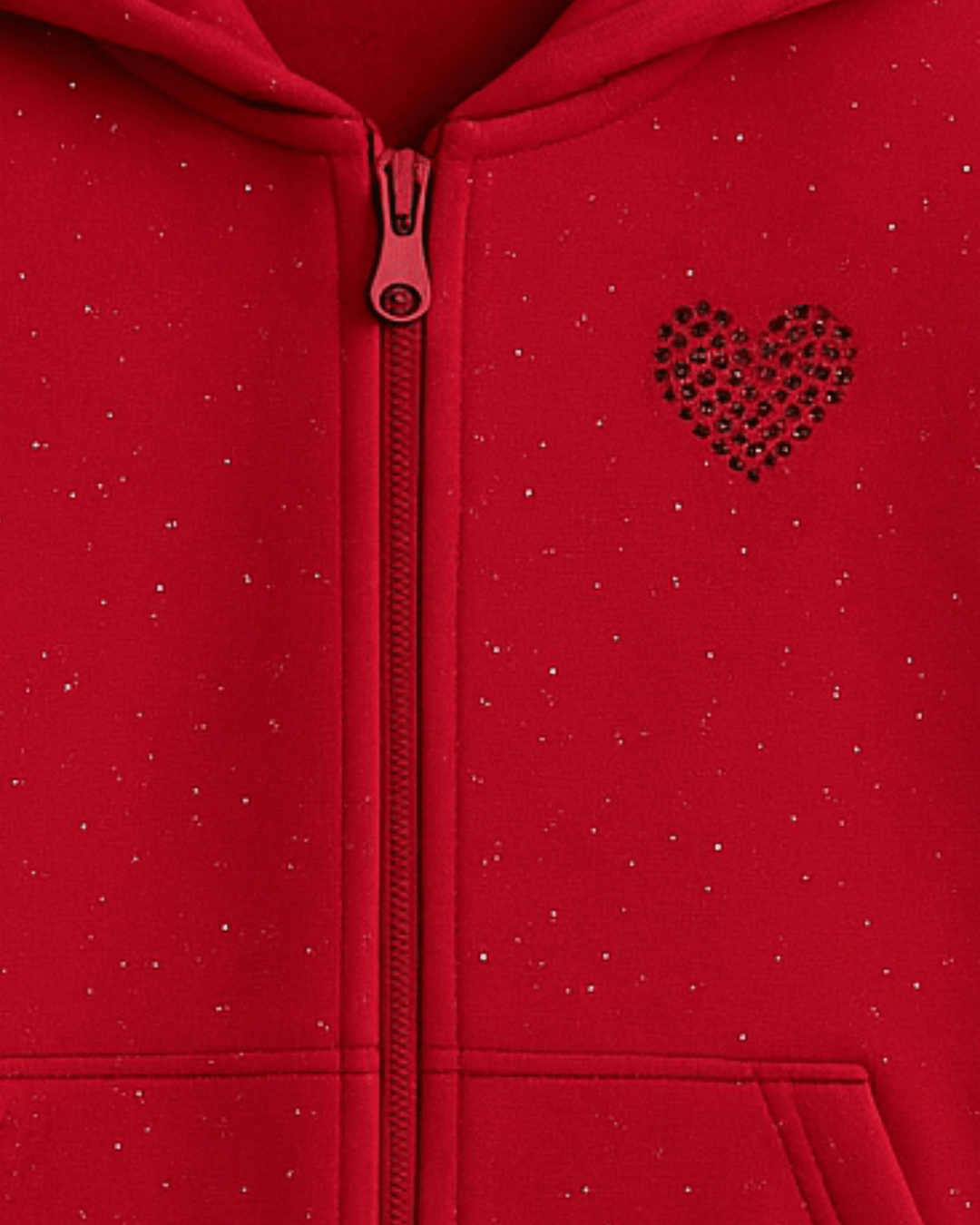 Girl's Red Glitter Full Sleeve with Front Zipper Hoodie for Kids 100% Cotton