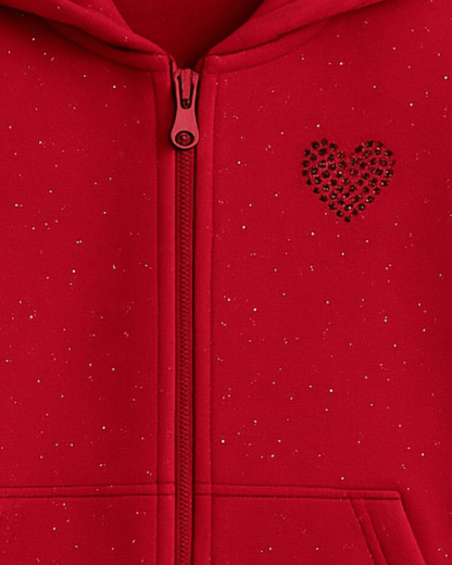 Girl's Red Glitter Full Sleeve with Front Zipper Hoodie for Kids 100% Cotton