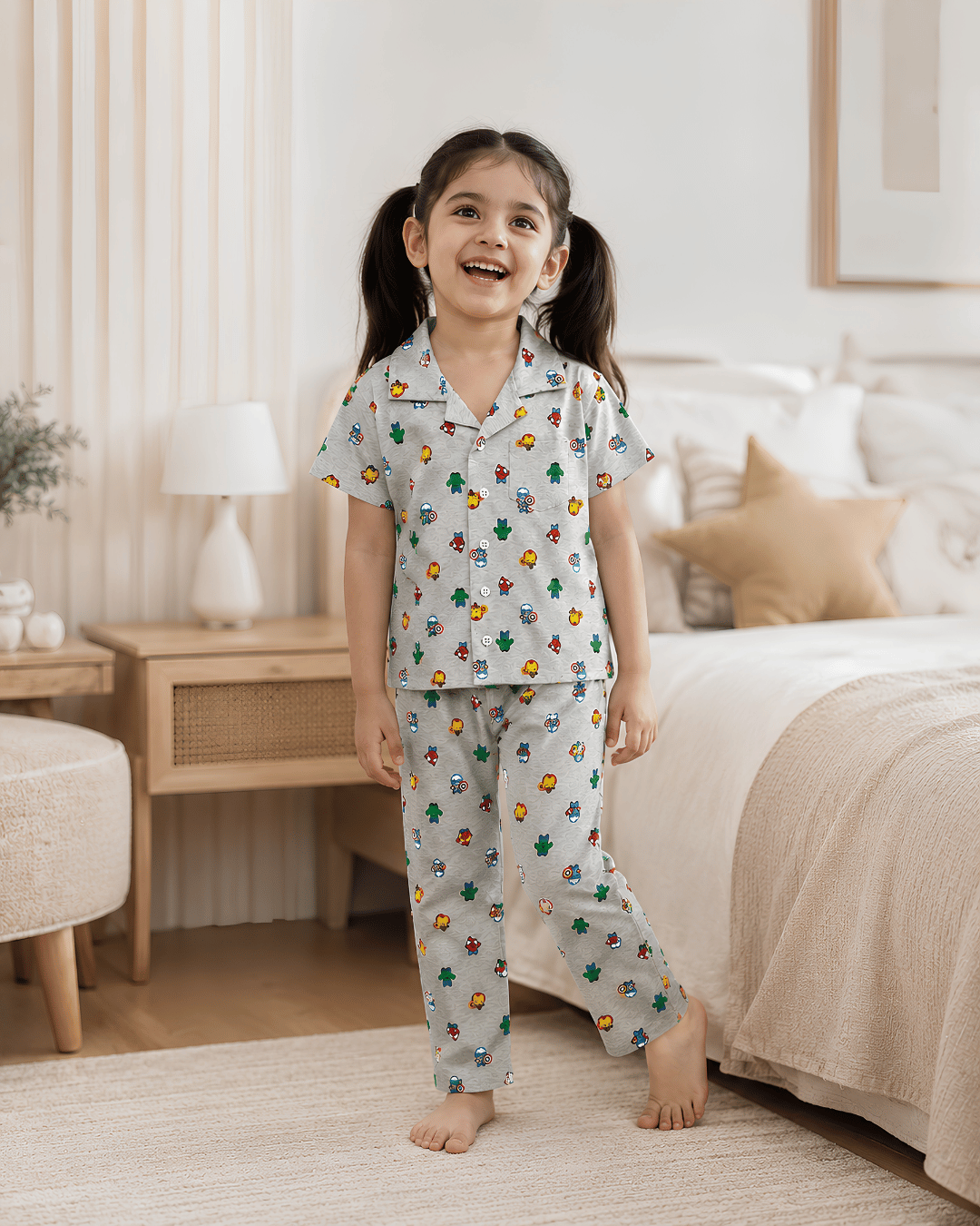Todlerry Kids Superhero Cotton Button-Down Pajama Night suite Co-ord sets