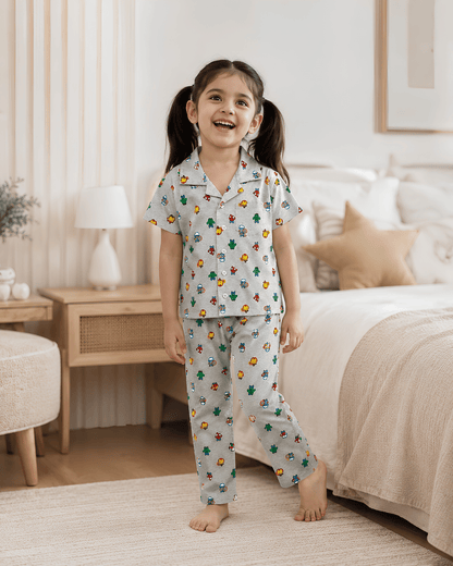 Todlerry Kids Superhero Cotton Button-Down Pajama Night suite Co-ord sets