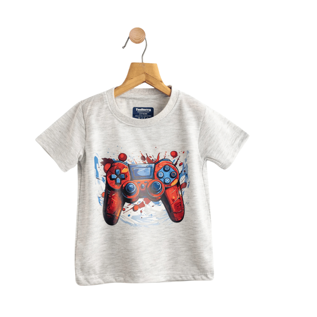 Boys Cotton T-Shirt White Video Game Print Soft & Breathable 100% Cotton