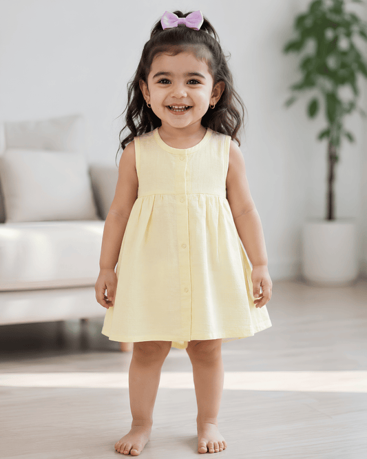 Premium Light Yellow Muslin Sleeveless Frock – 100% Organic Cotton Baby Dress