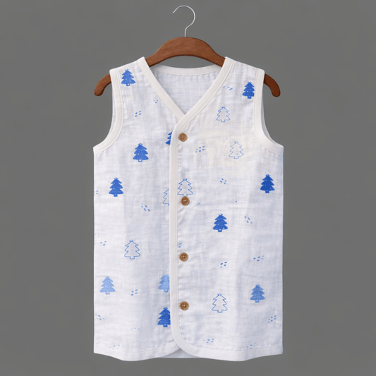 Unisex Soft Cotton Sleeveless Blue Trees Jhabla for Babies