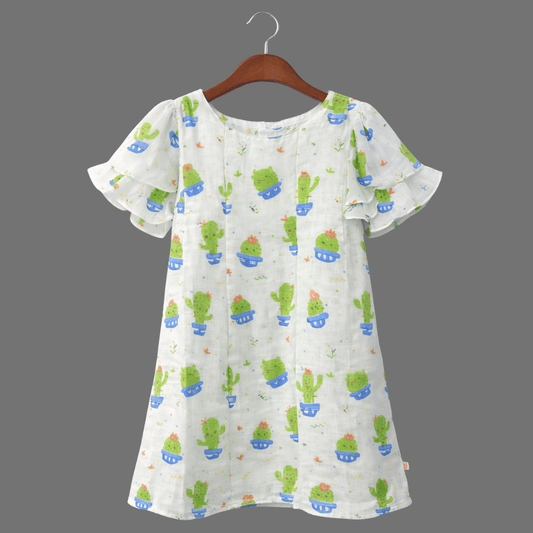 Cactus Print Cute Butterfly Sleeve Cotton Frock for Girls