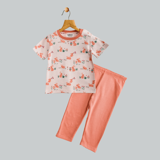 Todlerry Unisex Night Suit | Peach Bunny Print  | Soft & Breathable | 100% Cotton