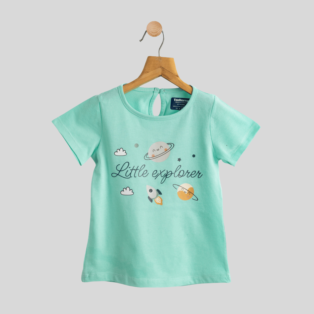 Girls Cotton T-Shirt Green Explore Print Soft & Breathable 100% Cotton