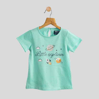 Girls Cotton T-Shirt Green Explore Print Soft & Breathable 100% Cotton