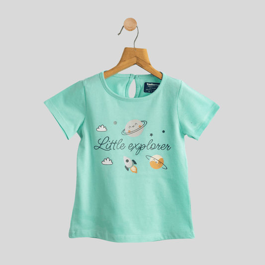 Todlerry Girls Cotton T-Shirt | Green Explore Print | Soft & Breathable | 100% Cotton