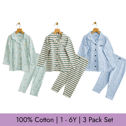 Todlerry Girls Night Suit | Set of 3 | Soft & Breathable | 100% Cotton