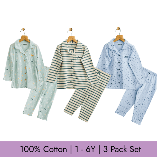 Todlerry Girls Night Suit | Set of 3 | Soft & Breathable | 100% Cotton