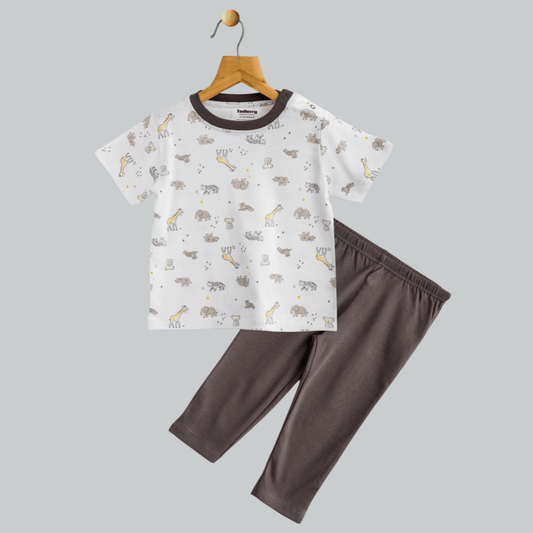 Todlerry Unisex Night Suit | White & Grey | Soft & Breathable | 100% Cotton