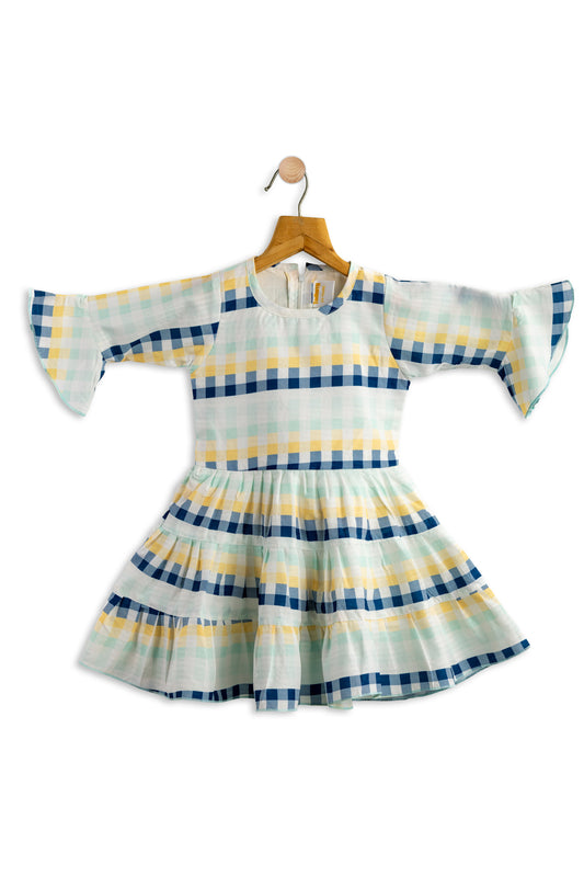 Todlerry Ruffle Full Sleeves Girls Frock | Printed Green & Peach |  100% Cotton