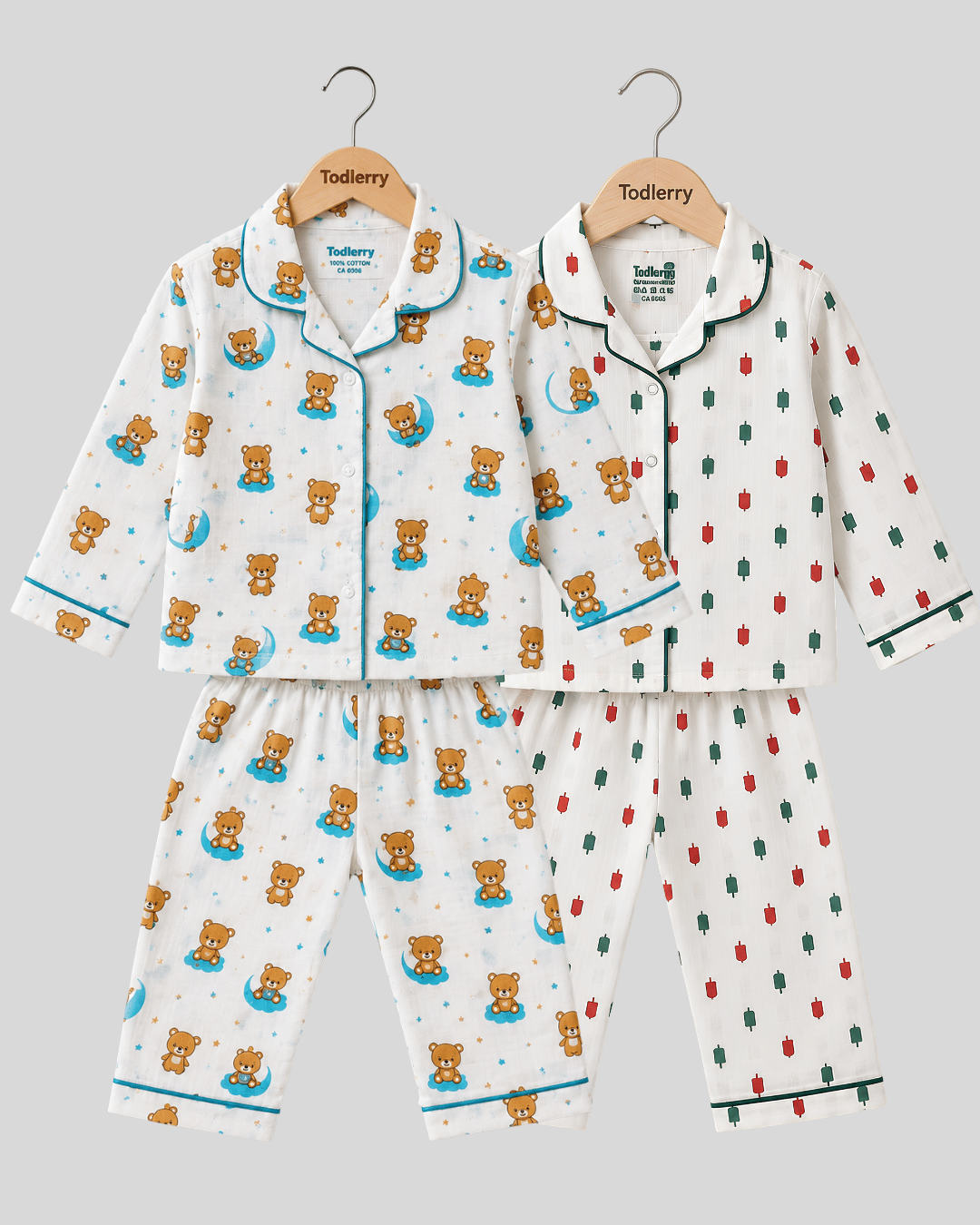 Todlerry Pure Cotton Kids Nightsuits - Pack of 2 Full Sleeve Sets for Boys & Girls