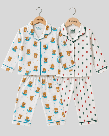 Todlerry Pure Cotton Kids Nightsuits - Pack of 2 Full Sleeve Sets for Boys & Girls