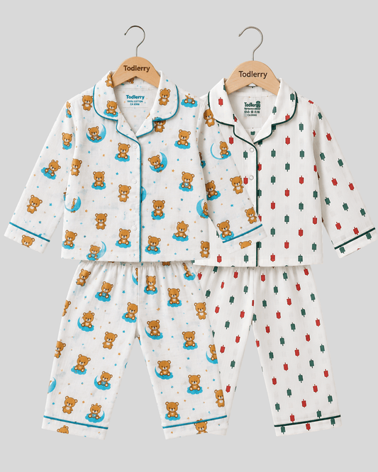 Todlerry Pure Cotton Kids Nightsuits - Pack of 2 Full Sleeve Sets for Boys & Girls