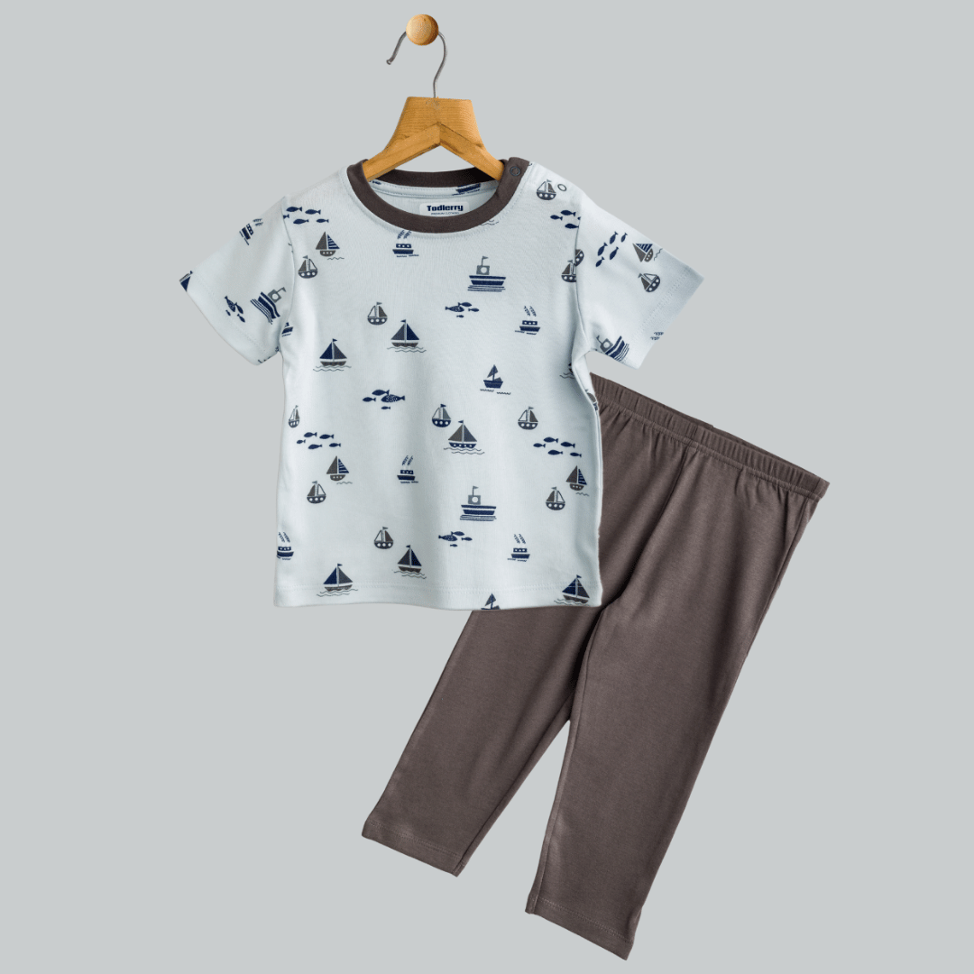 Unisex Pajama set Light blue Ship Print Soft & Breathable 100% Cotton