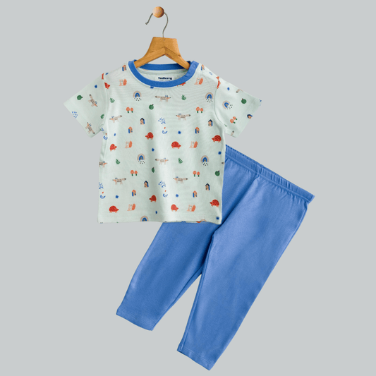 Todlerry Unisex Night Suit | Blue & Light green | Soft & Breathable | 100% Cotton