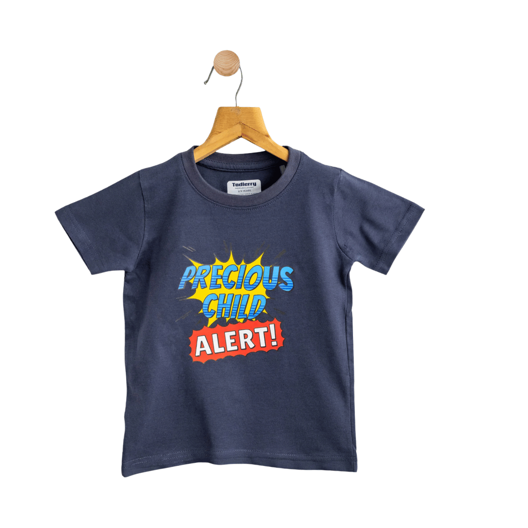 Boys Cotton T-Shirt Dark Blue Precious Alert Print Soft & Breathable 100% Cotton