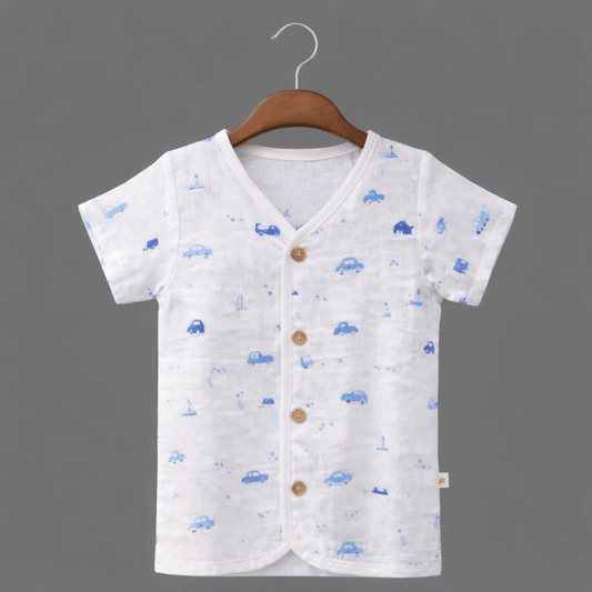 Unisex Comfy Cotton Blue Cars Jhabla With Soft Short Sleeve Button-Up
