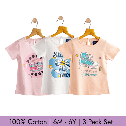 Todlerry Girls T-shirts | Pack of 3 |Soft & Breathable | 100% Cotton