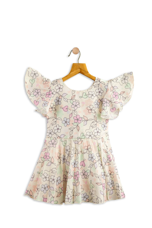 Todlerry Half-sleeve  Girls Frock | Floral white & Pink Print | 100% Cotton