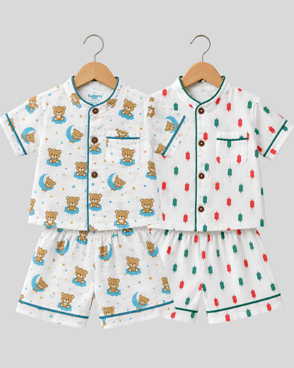 Todlerry Pure Cotton Kids Nightsuits - Pack of 2 Short Sleeve Sets for Boys & Girls