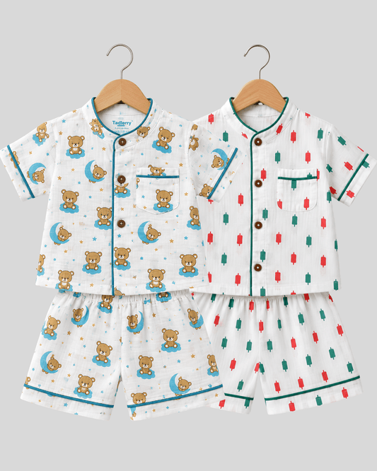 Todlerry Pure Cotton Kids Nightsuits - Pack of 2 Short Sleeve Sets for Boys & Girls