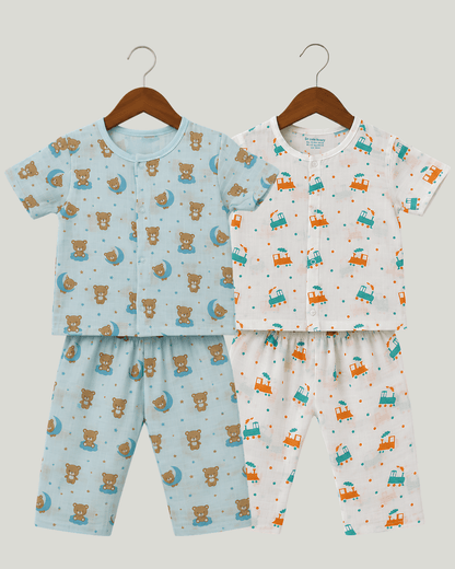 Cotton Kids Nightsuits - Pack of 2 Short Sleeve Sets for Boys & Girls