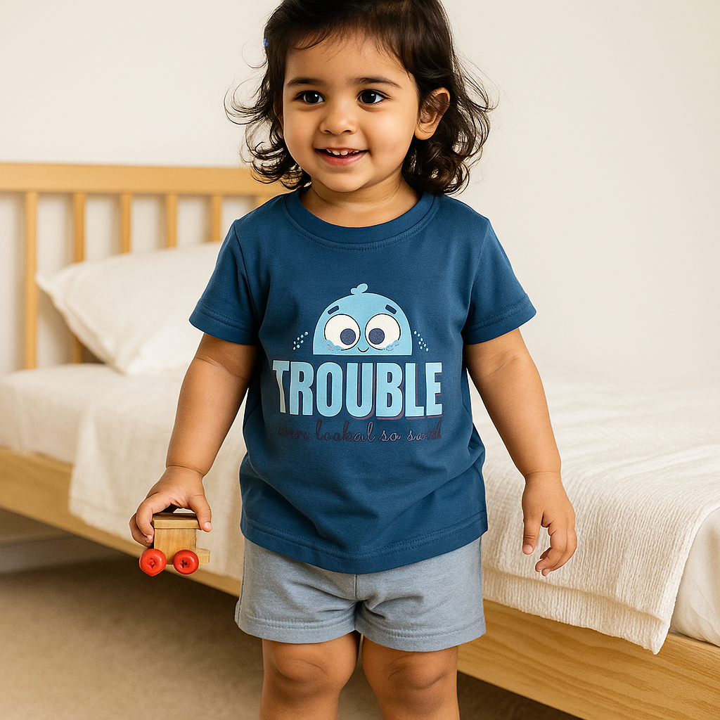 Boys Cotton T-Shirt Royal Blue Trouble Print Soft & Breathable 100% Cotton
