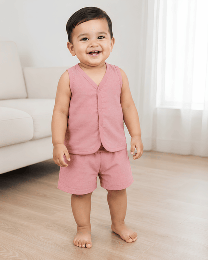 Soft Cotton Pink Colour Baby Jhabla & Shorts Set