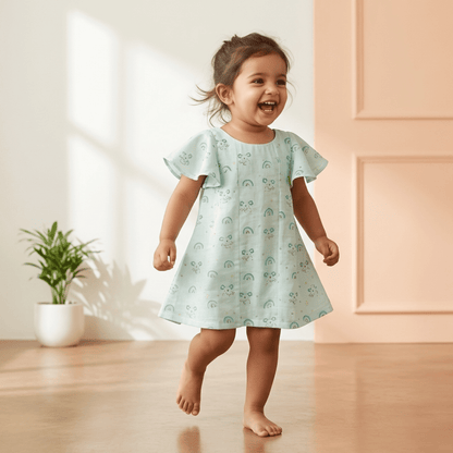 Cute Butterfly Sleeve Cotton Frock for Girls