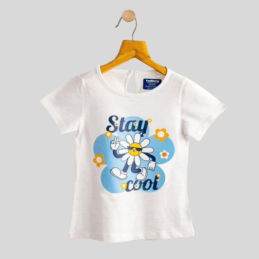 Todlerry Girls Cotton T-Shirt | White Stay Cool Print | Soft & Breathable | 100% Cotton
