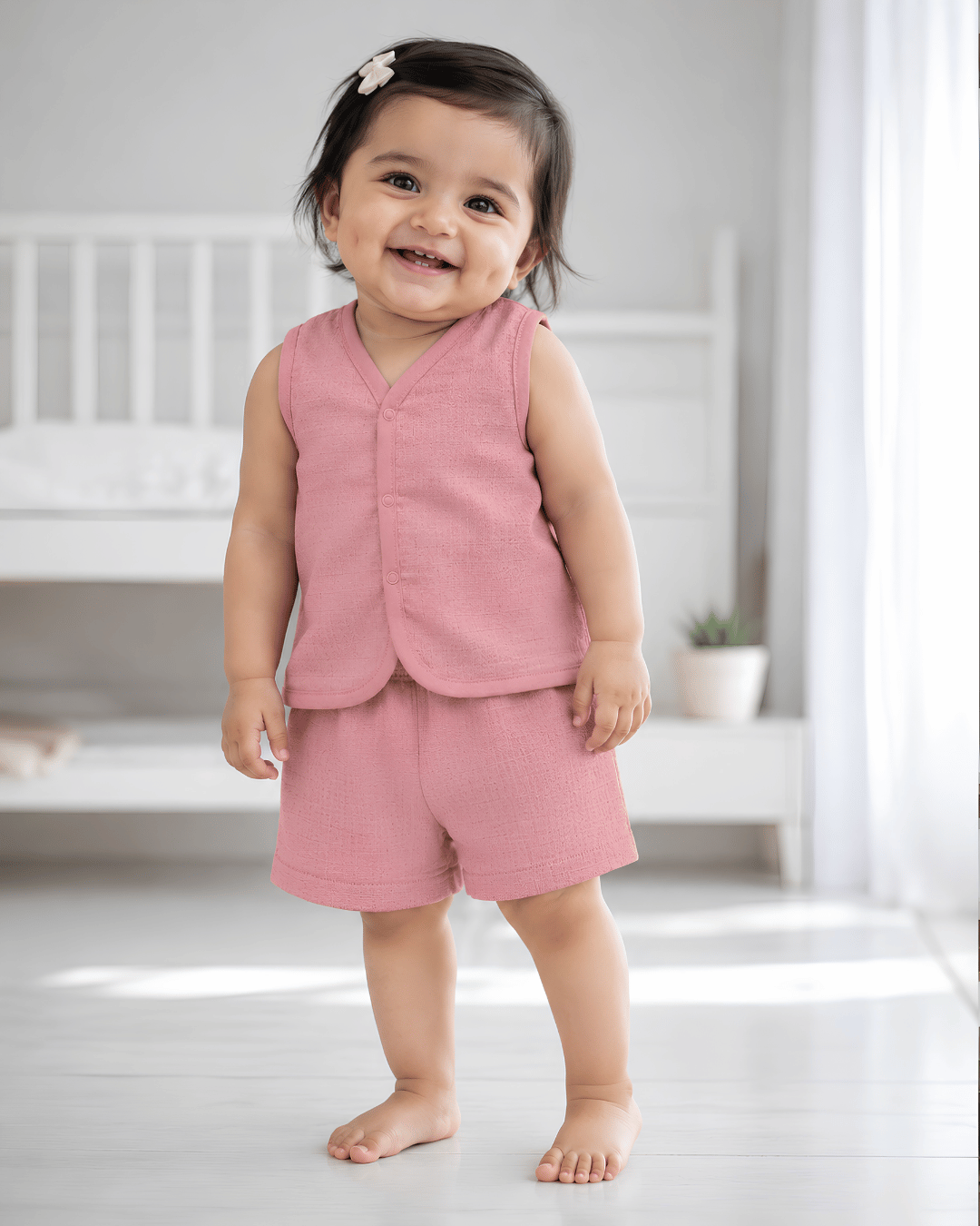 Soft Cotton Pink Colour Baby Jhabla & Shorts Set