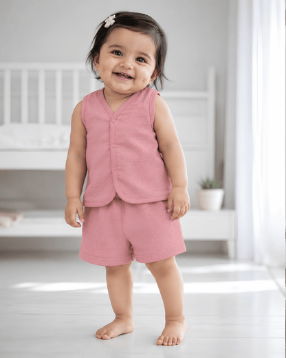 Soft Cotton Pink Colour Baby Jhabla & Shorts Set