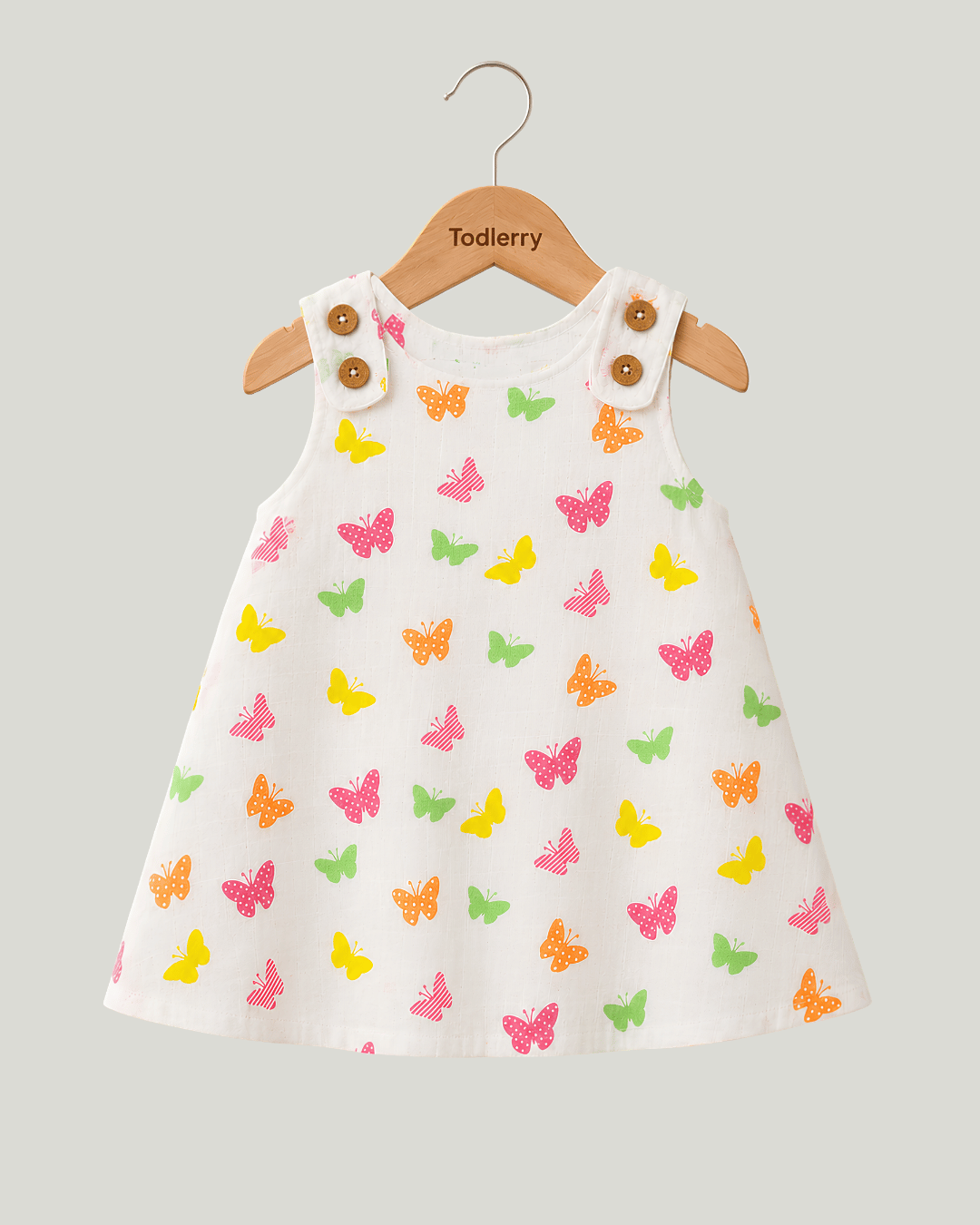 Todlerry Baby Girl White Butterfly Print Cotton A-Line Dress with Shoulder Buttons