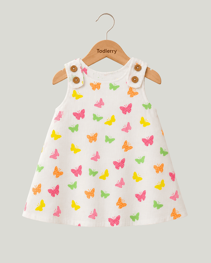 Todlerry Baby Girl White Butterfly Print Cotton A-Line Dress with Shoulder Buttons