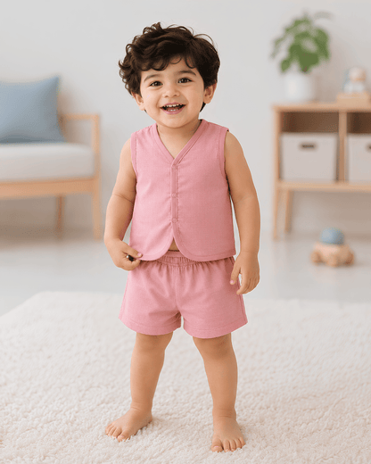 Soft Cotton Pink Colour Baby Jhabla & Shorts Set