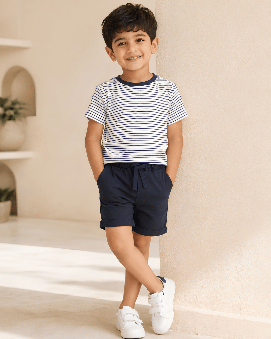 Kids Navy Blue Pure Cotton Shorts | Boys Casual Summer Trousers