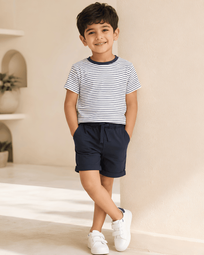 Kids Navy Blue Pure Cotton Shorts | Boys Casual Summer Trousers