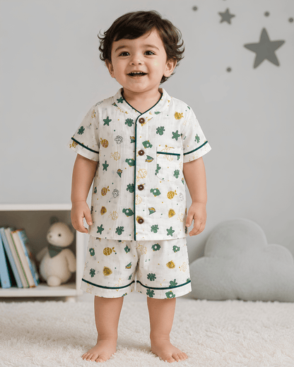 Todlerry 100% Cotton Kids Night Suit Set | Shirt & Shorts (4 Prints)