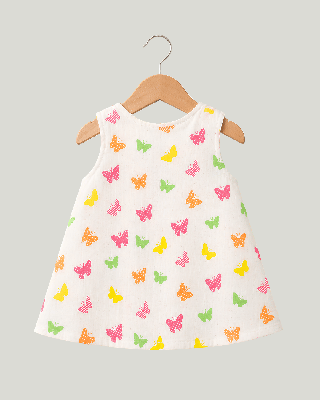 Todlerry Baby Girl White Butterfly Print Cotton A-Line Dress with Shoulder Buttons