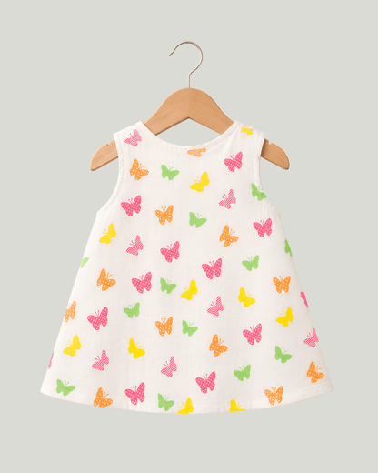 Todlerry Baby Girl White Butterfly Print Cotton A-Line Dress with Shoulder Buttons