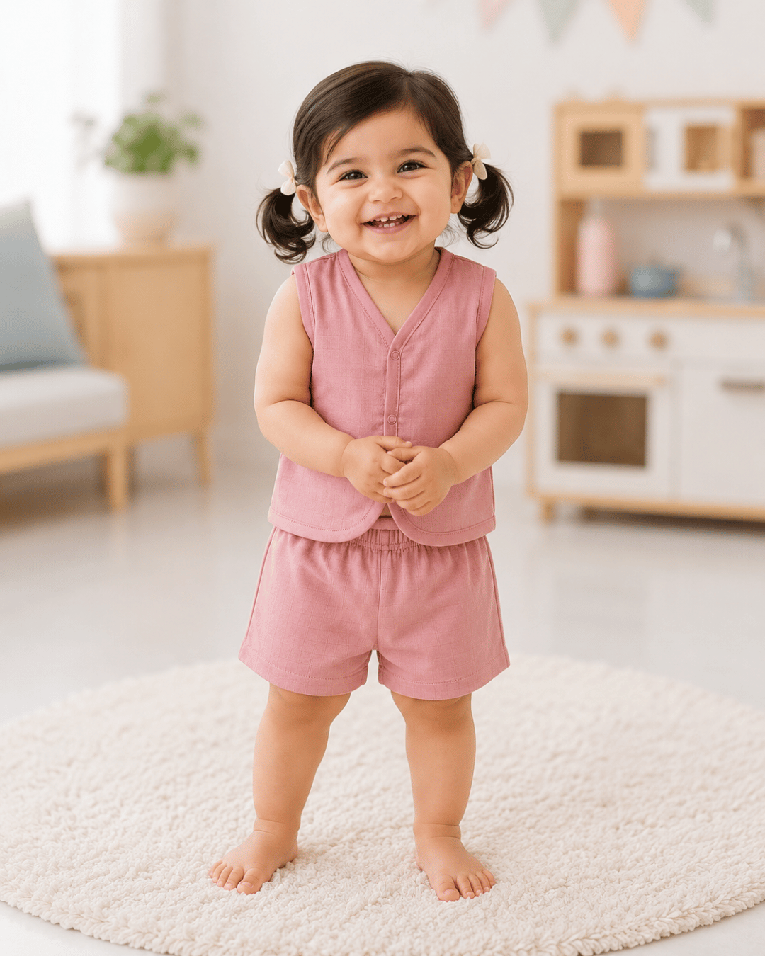 Soft Cotton Pink Colour Baby Jhabla & Shorts Set