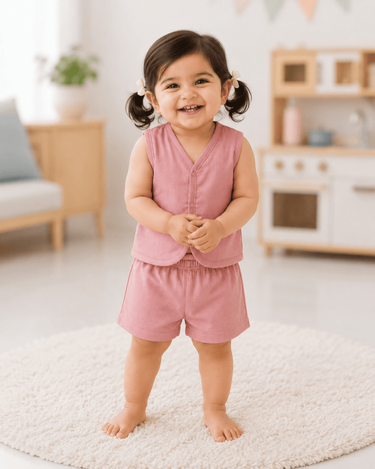 Soft Cotton Pink Colour Baby Jhabla & Shorts Set