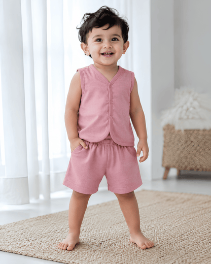 Soft Cotton Pink Colour Baby Jhabla & Shorts Set