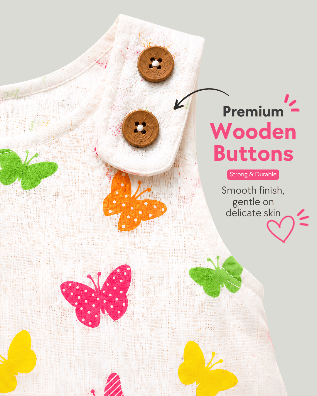 Todlerry Baby Girl White Butterfly Print Cotton A-Line Dress with Shoulder Buttons